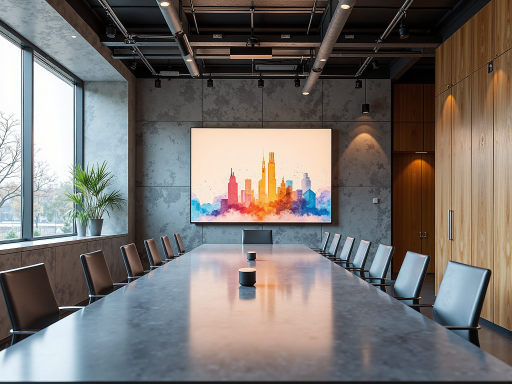 现代化会议室内部，大屏幕显示企业发展蓝图，商务人士正在讨论，体现企业未来发展规划